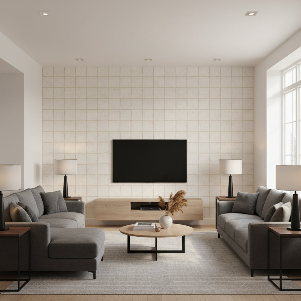 ELEVATO Wallcoverings (CW10042) – White | Thibaut - Living Room Visualization (AI-generated, may not be to scale. Verify pattern scale with product specifications.)