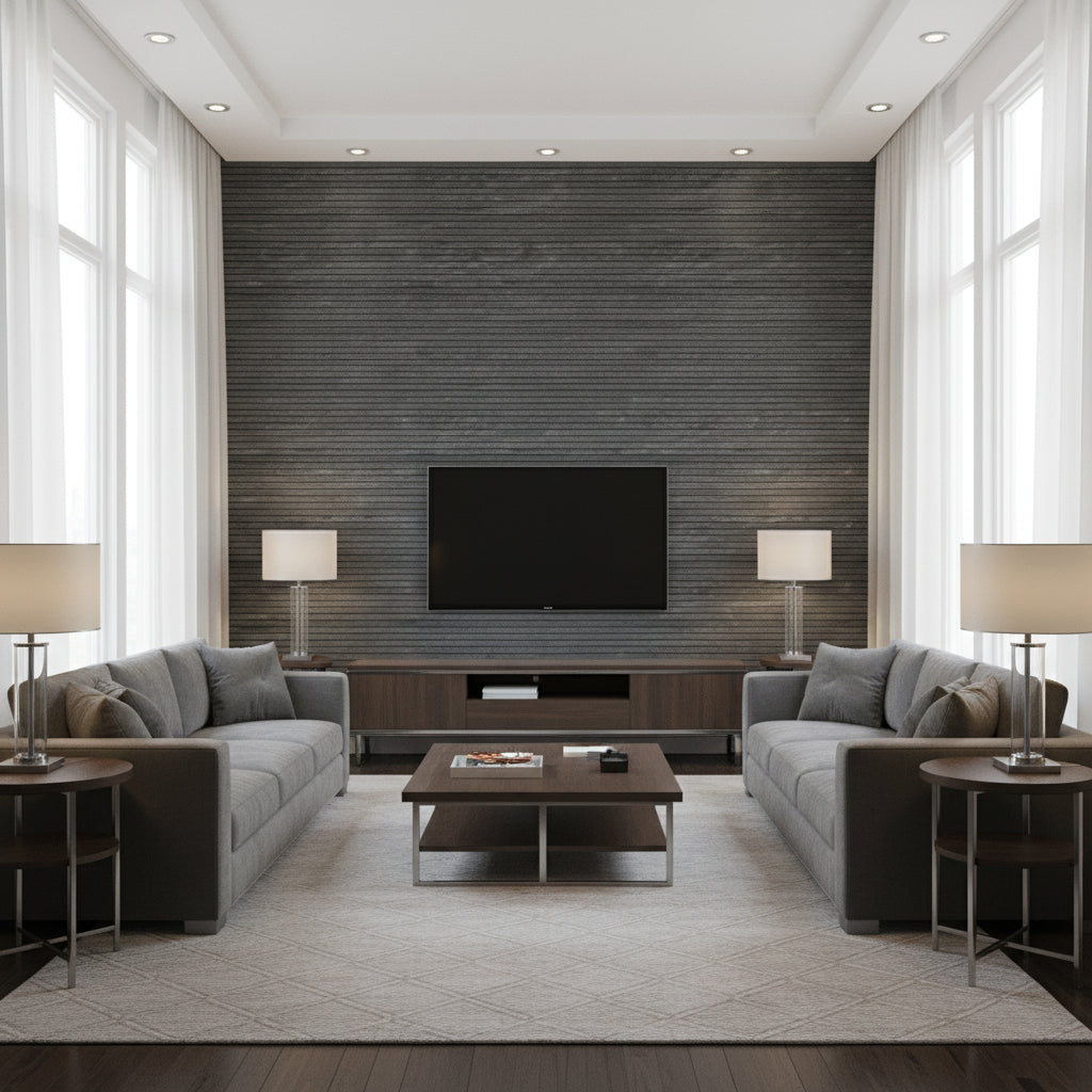 UMBRA Wallcoverings (CW10047) – Black | Thibaut - Living Room Visualization (AI-generated, may not be to scale. Verify pattern scale with product specifications.)