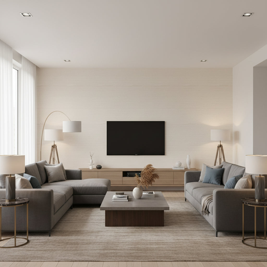 NOVO Wallcoverings (CW10048) – White | Thibaut - Living Room Visualization (AI-generated, may not be to scale. Verify pattern scale with product specifications.)