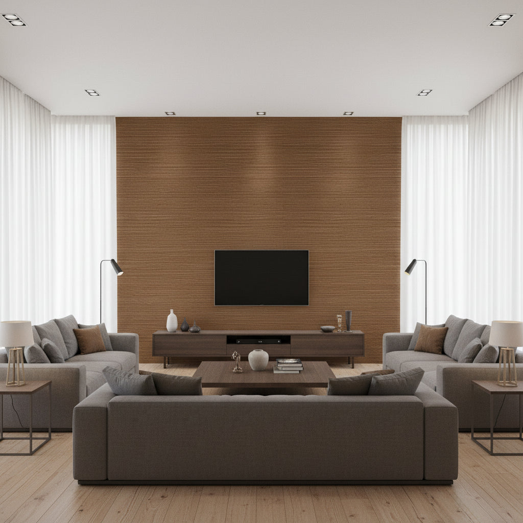 NOVO Wallcoverings (CW10050) – Cognac | Thibaut - Living Room Visualization (AI-generated, may not be to scale. Verify pattern scale with product specifications.)