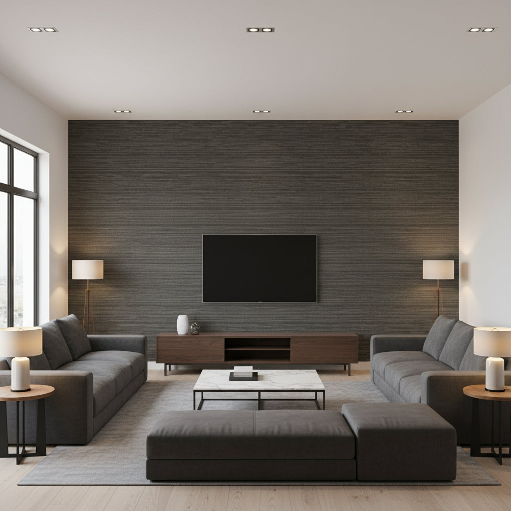 NOVO Wallcoverings (CW10051) – Black | Thibaut - Living Room Visualization (AI-generated, may not be to scale. Verify pattern scale with product specifications.)