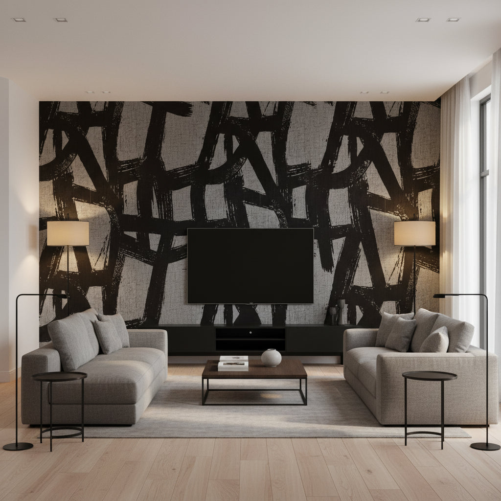 MANILO Fabrics (CW10066) – Black | Thibaut - Living Room Visualization (AI-generated, may not be to scale. Verify pattern scale with product specifications.)