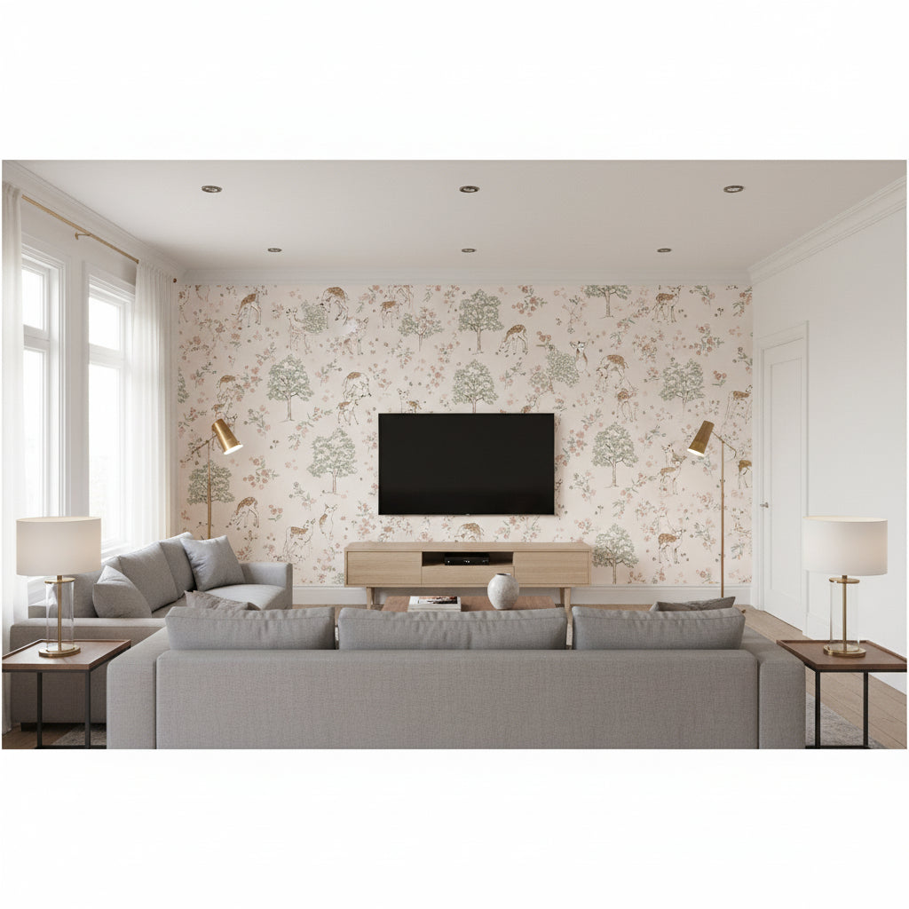 Deer Love Blush | Schumacher Wallcoverings - Living Room Visualization (AI-generated, may not be to scale. Verify pattern scale with product specifications.)