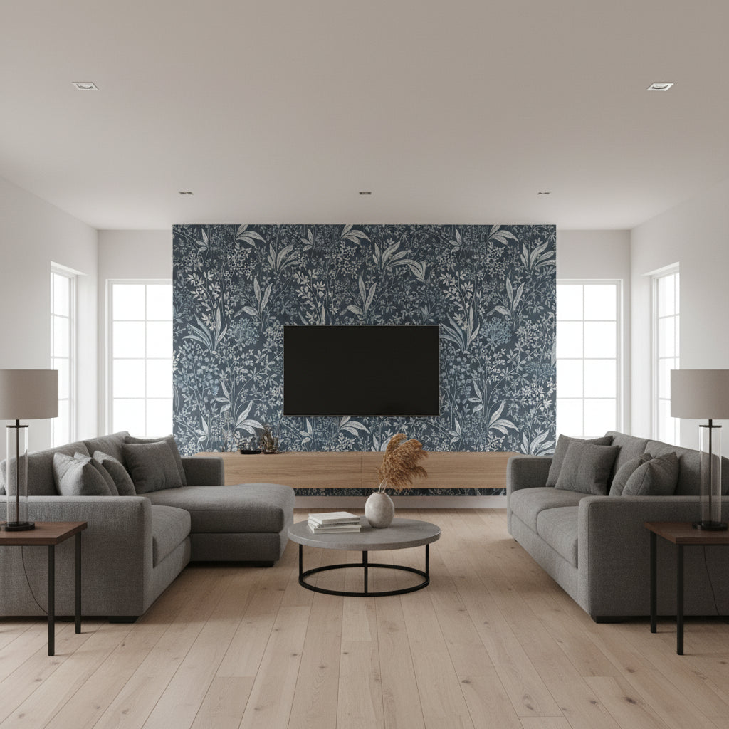 Nocturne INDIGO Blue | Boråstapeter Wallcovering - Living Room Visualization (AI-generated, may not be to scale. Verify pattern scale with product specifications.)