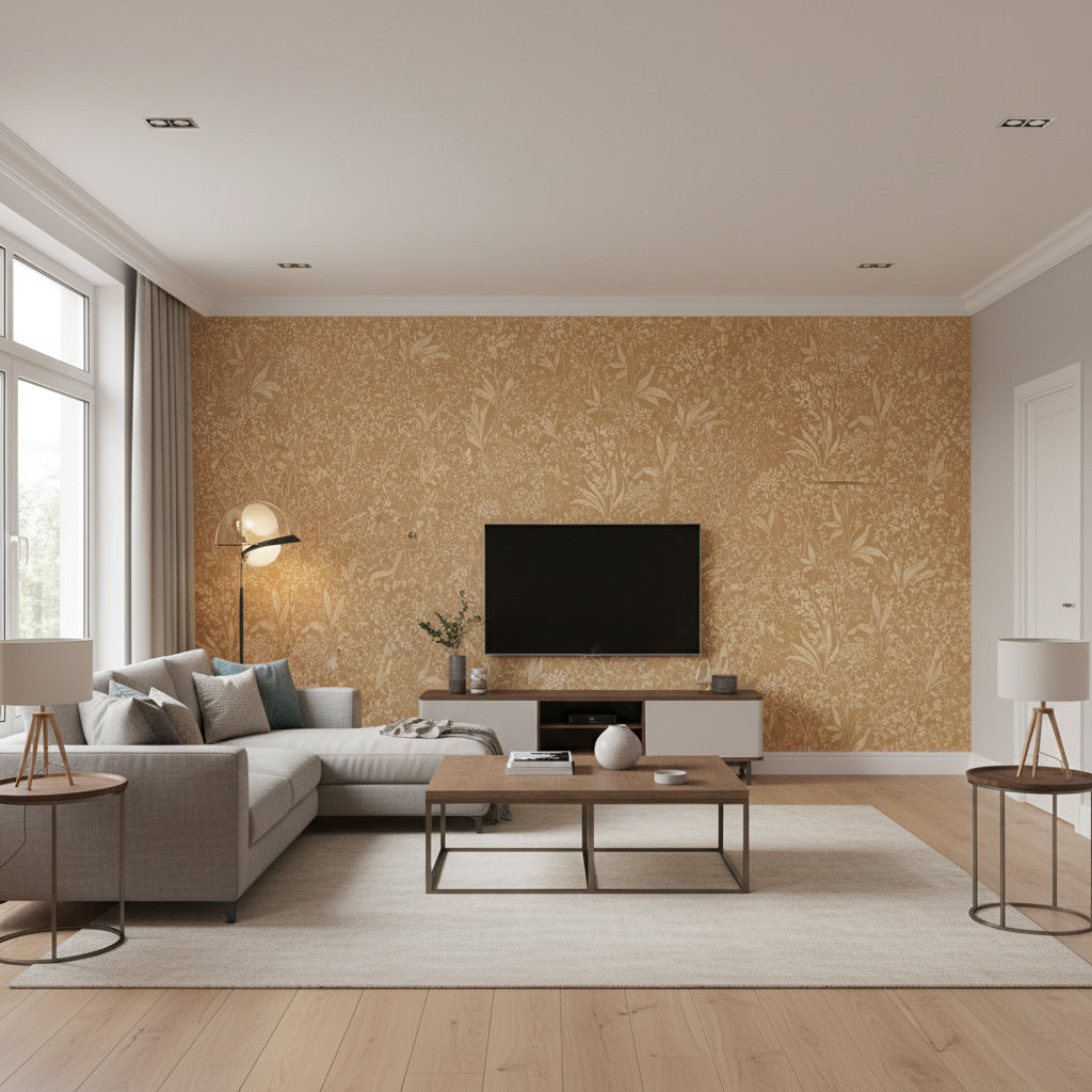 Nocturne Parchment, Sepia | Boråstapeter Wallcovering - Living Room Visualization (AI-generated, may not be to scale. Verify pattern scale with product specifications.)