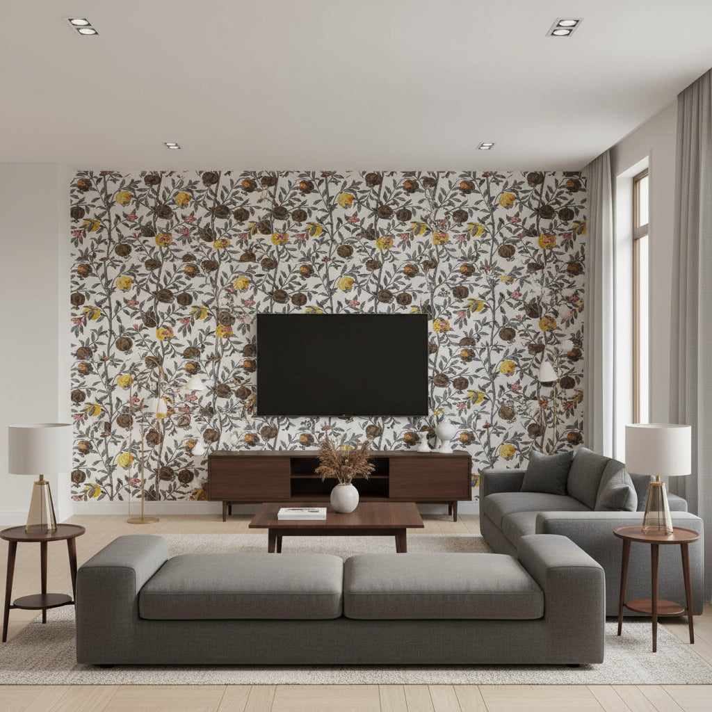 Granatapple SLATE AND OCHRE | Boråstapeter Wallcovering - Living Room Visualization (AI-generated, may not be to scale. Verify pattern scale with product specifications.)