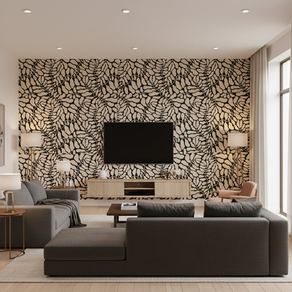My Secret Garden Grand Mural Natural | Boråstapeter Wallcovering - Living Room Visualization (AI-generated, may not be to scale. Verify pattern scale with product specifications.)