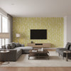 My Secret Garden Ochre Green | Boråstapeter Wallcovering - Living Room Visualization (AI-generated, may not be to scale. Verify pattern scale with product specifications.)
