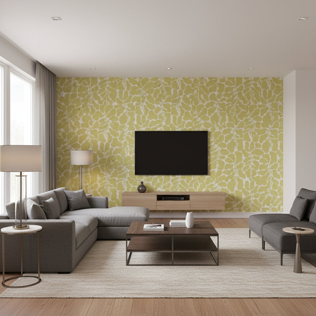 My Secret Garden Ochre Green | Boråstapeter Wallcovering - Living Room Visualization (AI-generated, may not be to scale. Verify pattern scale with product specifications.)