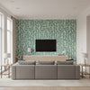 My Secret Garden Mineral Green | Boråstapeter Wallcovering - Living Room Visualization (AI-generated, may not be to scale. Verify pattern scale with product specifications.)