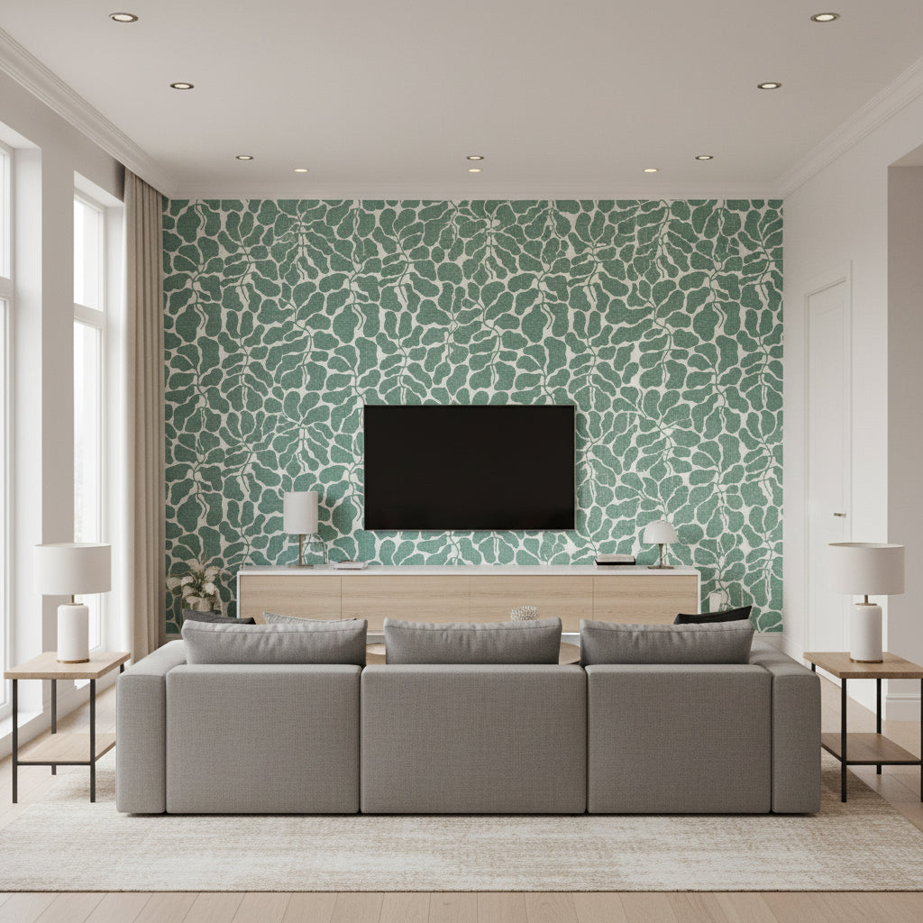 My Secret Garden Mineral Green | Boråstapeter Wallcovering - Living Room Visualization (AI-generated, may not be to scale. Verify pattern scale with product specifications.)