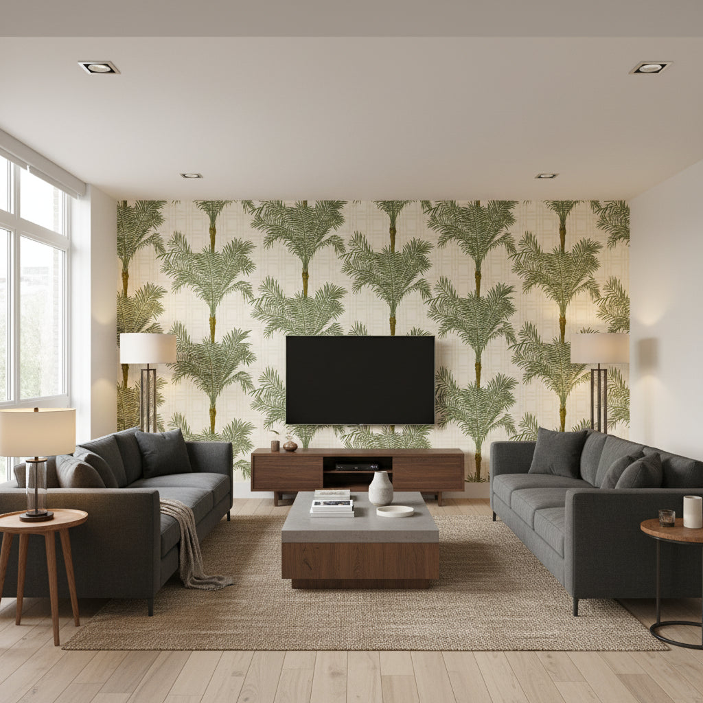 Copacabana Palm | Borastapeter Wallcovering - Living Room Visualization (AI-generated, may not be to scale. Verify pattern scale with product specifications.)