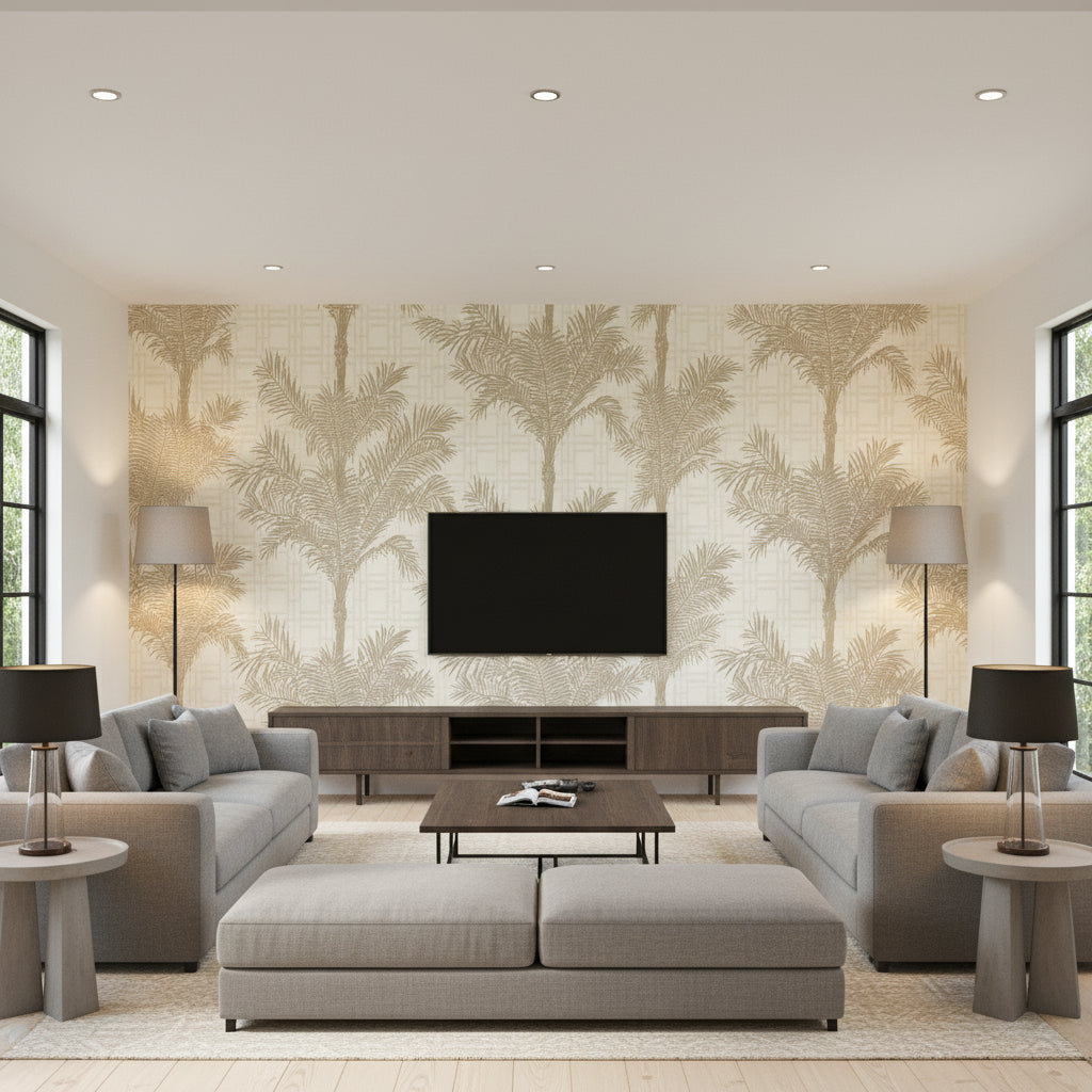 Copacabana Silver | Borastapeter Wallcovering - Living Room Visualization (AI-generated, may not be to scale. Verify pattern scale with product specifications.)