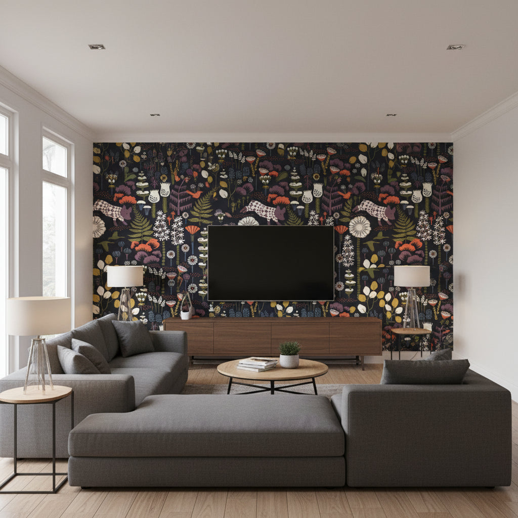 Hoppmosse MIDNIGHT | Boråstapeter Wallcovering - Living Room Visualization (AI-generated, may not be to scale. Verify pattern scale with product specifications.)