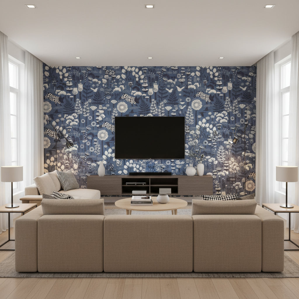 Hoppmosse Blue | Boråstapeter Wallcovering - Living Room Visualization (AI-generated, may not be to scale. Verify pattern scale with product specifications.)