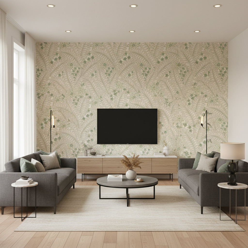 Hidden Ivy Parchment | Boråstapeter Wallcovering - Living Room Visualization (AI-generated, may not be to scale. Verify pattern scale with product specifications.)
