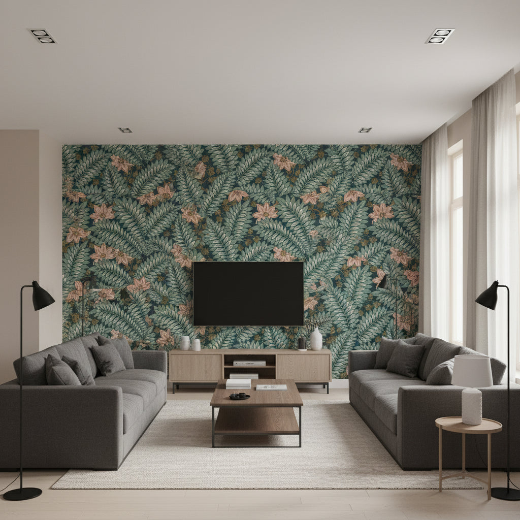 Hidden Ivy Spruce | Boråstapeter Wallcovering - Living Room Visualization (AI-generated, may not be to scale. Verify pattern scale with product specifications.)