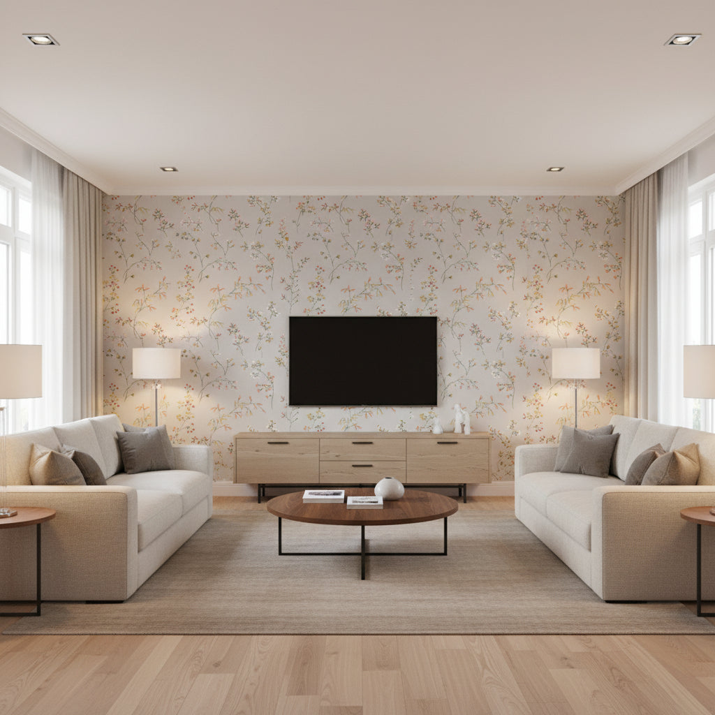 Gråäng Bone | Boråstapeter Wallcovering - Living Room Visualization (AI-generated, may not be to scale. Verify pattern scale with product specifications.)