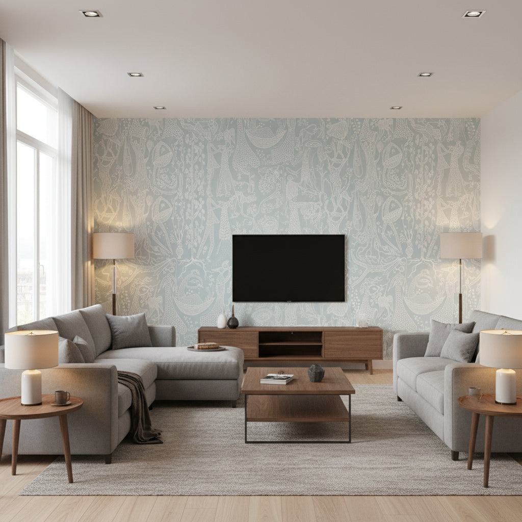 Poème D'amour MINERAL Green | Boråstapeter Wallcovering - Living Room Visualization (AI-generated, may not be to scale. Verify pattern scale with product specifications.)