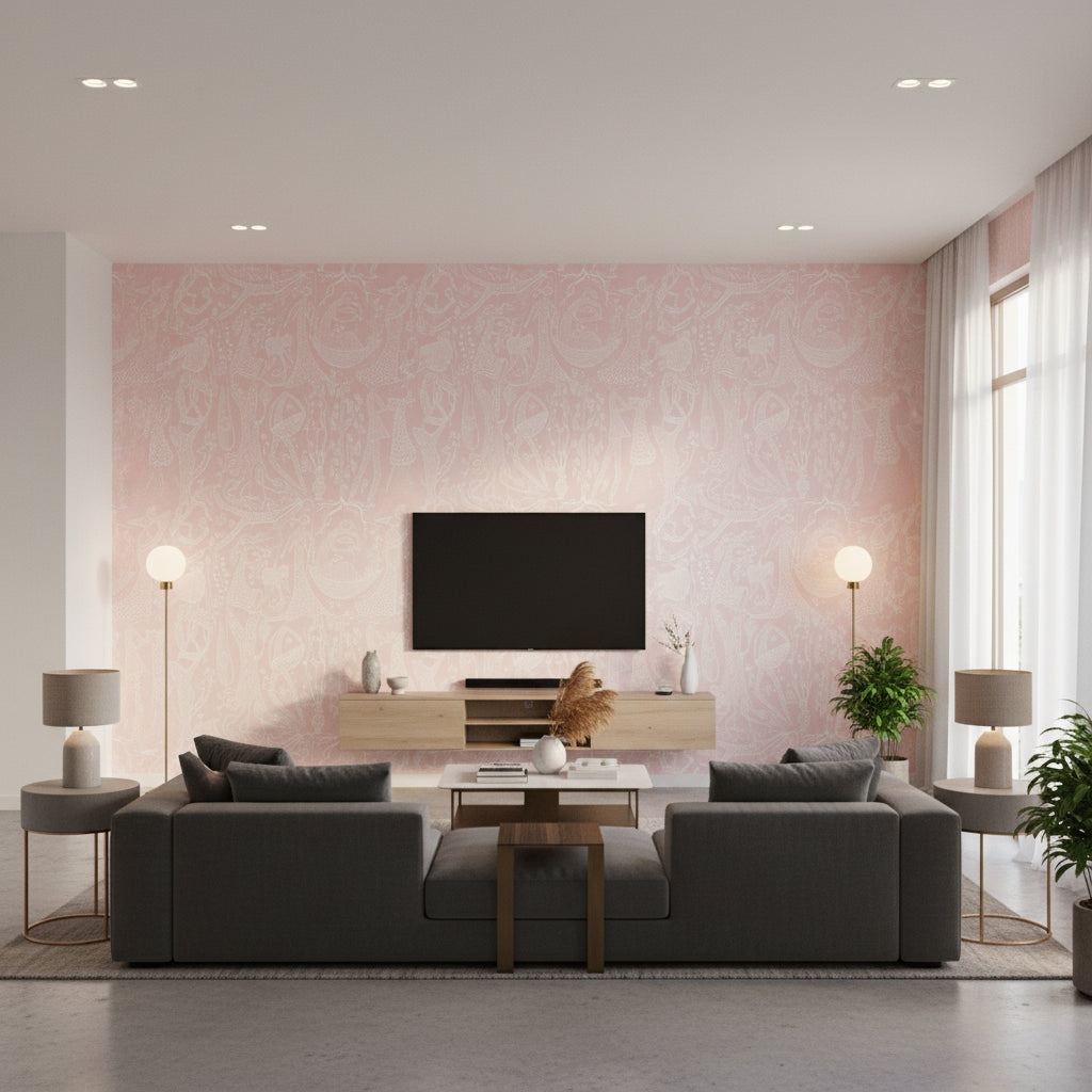 Poème D'amour Blush | Boråstapeter Wallcovering - Living Room Visualization (AI-generated, may not be to scale. Verify pattern scale with product specifications.)