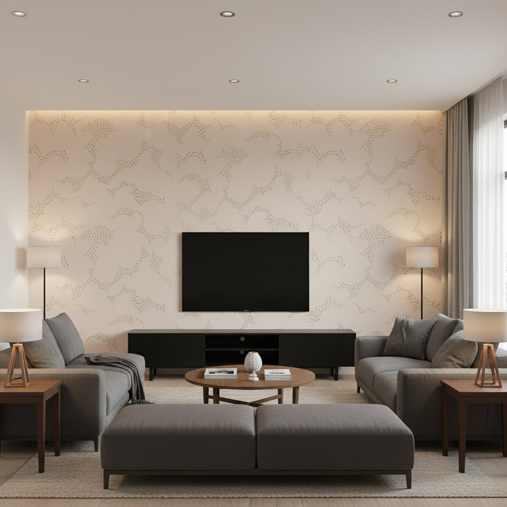 Molntuss Petal | Borastapeter Wallcovering - Living Room Visualization (AI-generated, may not be to scale. Verify pattern scale with product specifications.)