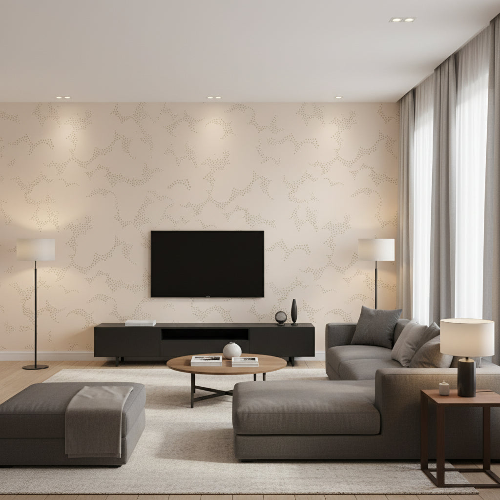Molntuss Petal | Borastapeter Wallcovering - Living Room Visualization (AI-generated, may not be to scale. Verify pattern scale with product specifications.)