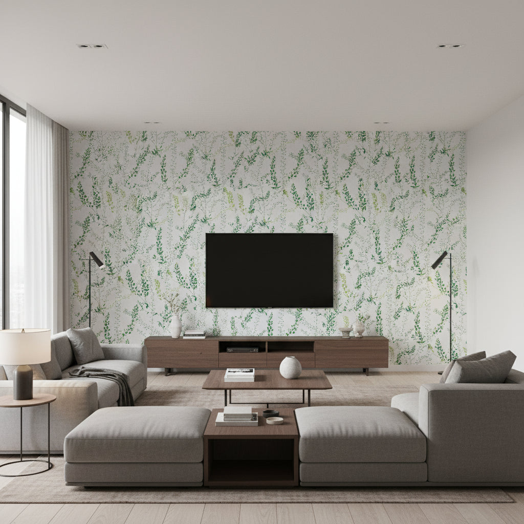 Bladranker Leaf | Boråstapeter Wallcovering - Living Room Visualization (AI-generated, may not be to scale. Verify pattern scale with product specifications.)