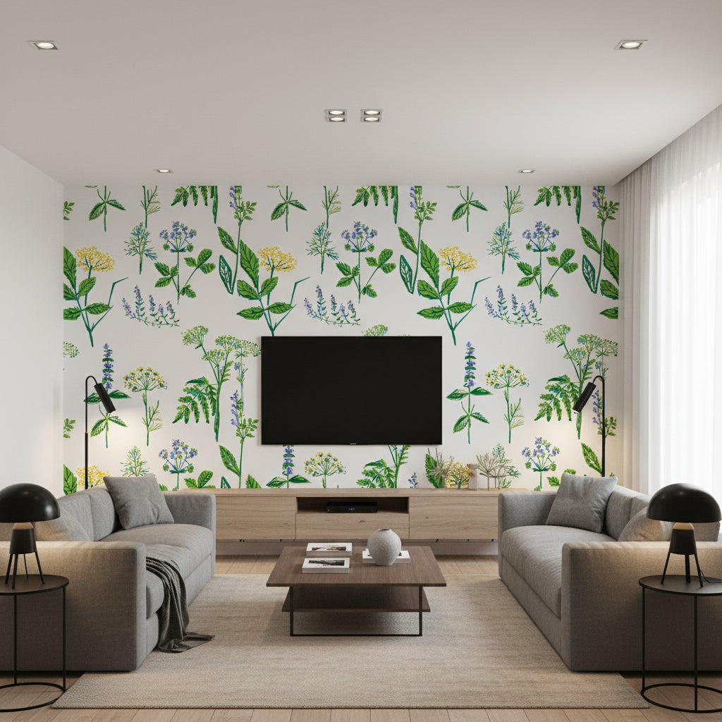 Köksväxter Garden Leaf | Boråstapeter Wallcovering - Living Room Visualization (AI-generated, may not be to scale. Verify pattern scale with product specifications.)