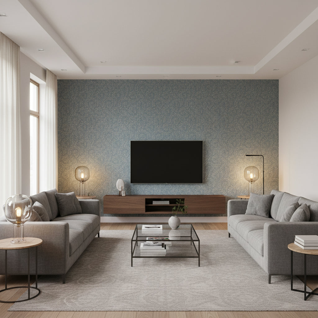 Wild Ferns Blue | Boråstapeter Wallcovering - Living Room Visualization (AI-generated, may not be to scale. Verify pattern scale with product specifications.)
