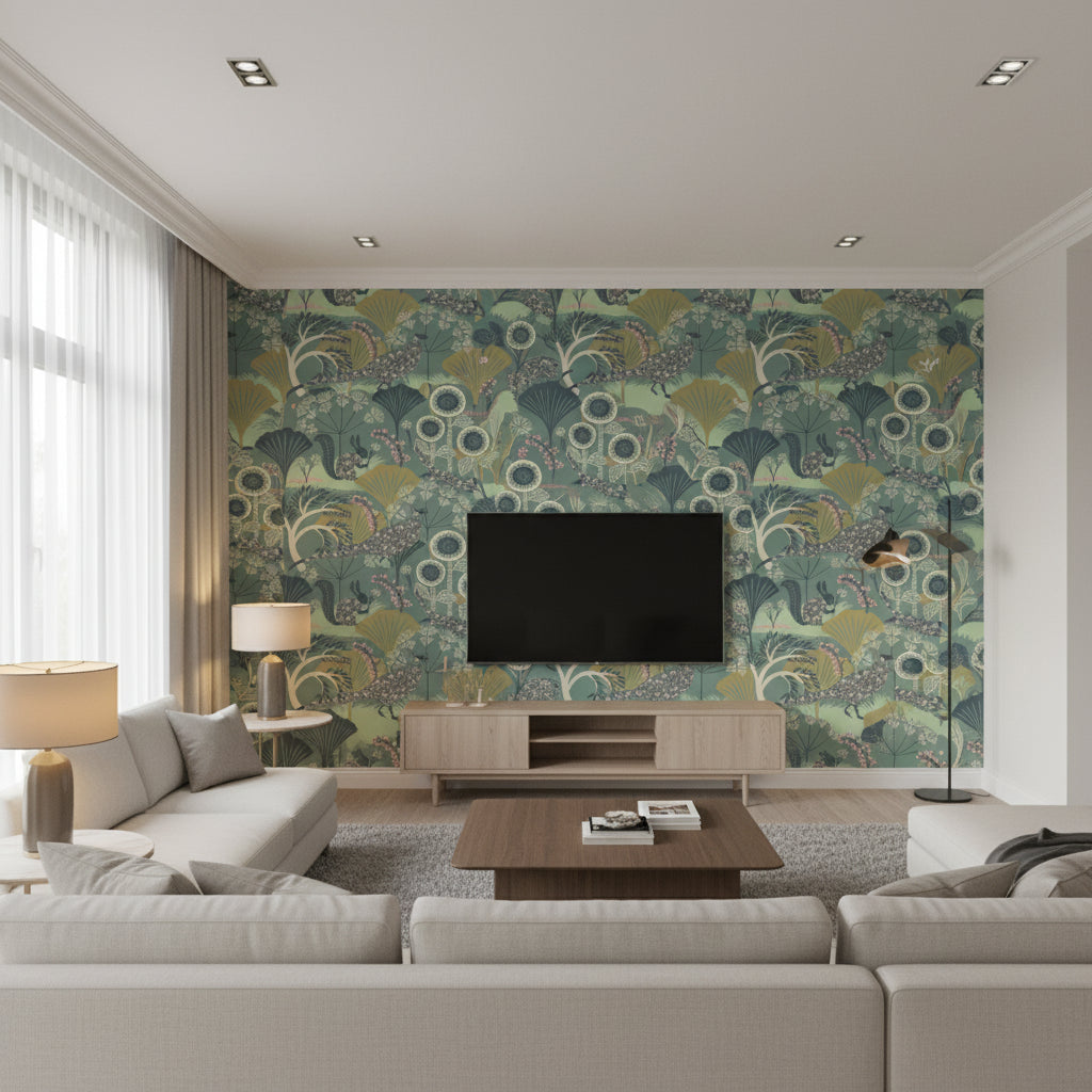 Mårdgömma Mineral, Blue | Boråstapeter Wallcovering - Living Room Visualization (AI-generated, may not be to scale. Verify pattern scale with product specifications.)
