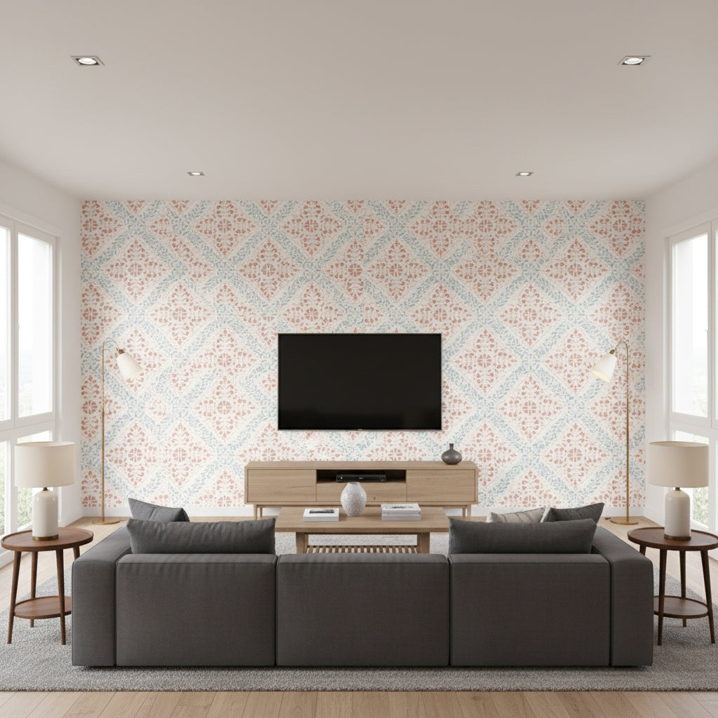 Nyborg Tile Blue and Red | Boråstapeter Wallcovering - Living Room Visualization (AI-generated, may not be to scale. Verify pattern scale with product specifications.)