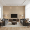Layne Lustrous Oatmeal & Cream Wallcovering | Jeffrey Stevens - Living Room Visualization (AI-generated, may not be to scale. Verify pattern scale with product specifications.)