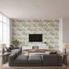 Micheline Midsummer Cream & Sage Wallcovering | Jeffrey Stevens - Living Room Visualization (AI-generated, may not be to scale. Verify pattern scale with product specifications.)