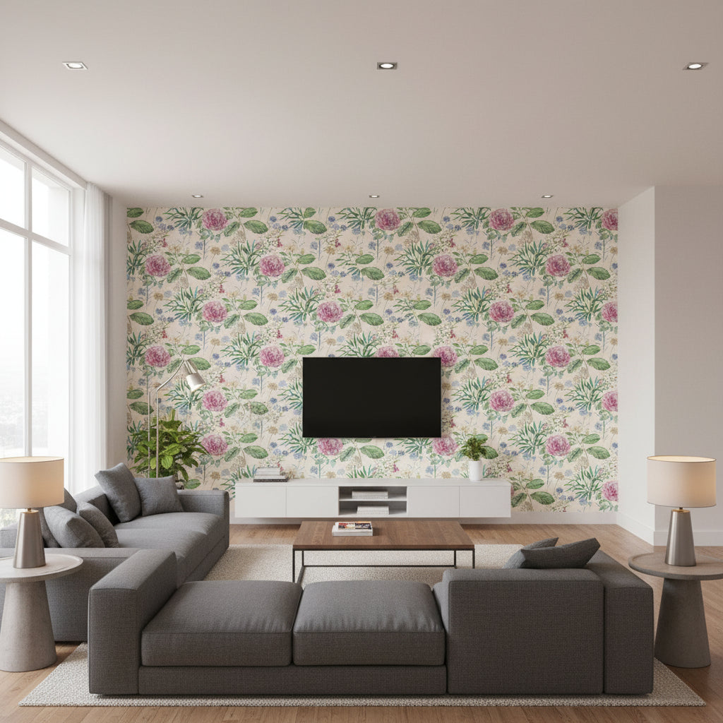 Micheline Midsummer Cream & Sage Wallcovering | Jeffrey Stevens - Living Room Visualization (AI-generated, may not be to scale. Verify pattern scale with product specifications.)