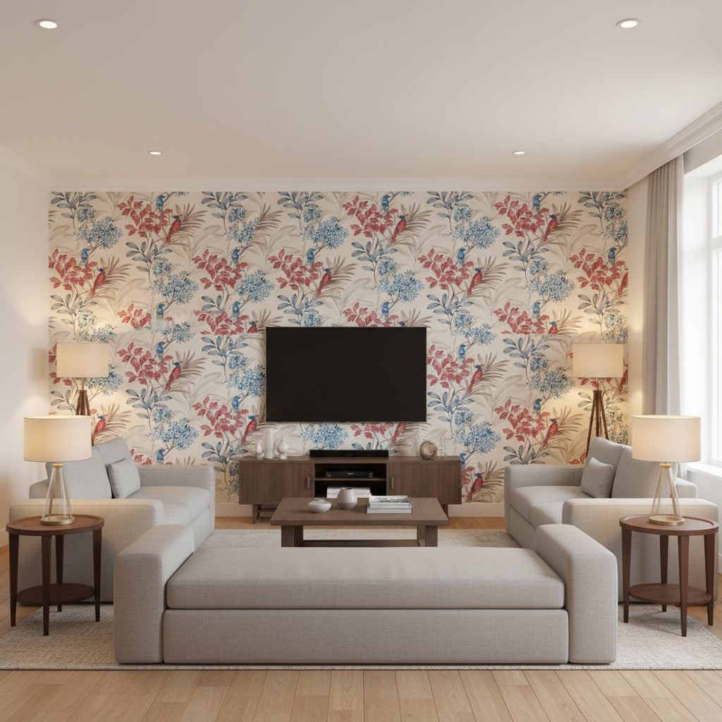 Herve Red & Blue Multi | Jeffrey Stevens - Living Room Visualization (AI-generated, may not be to scale. Verify pattern scale with product specifications.)