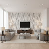 Ludovic Black Liquid Ivory & Charcoal Wallcovering | Jeffrey Stevens - Living Room Visualization (AI-generated, may not be to scale. Verify pattern scale with product specifications.)