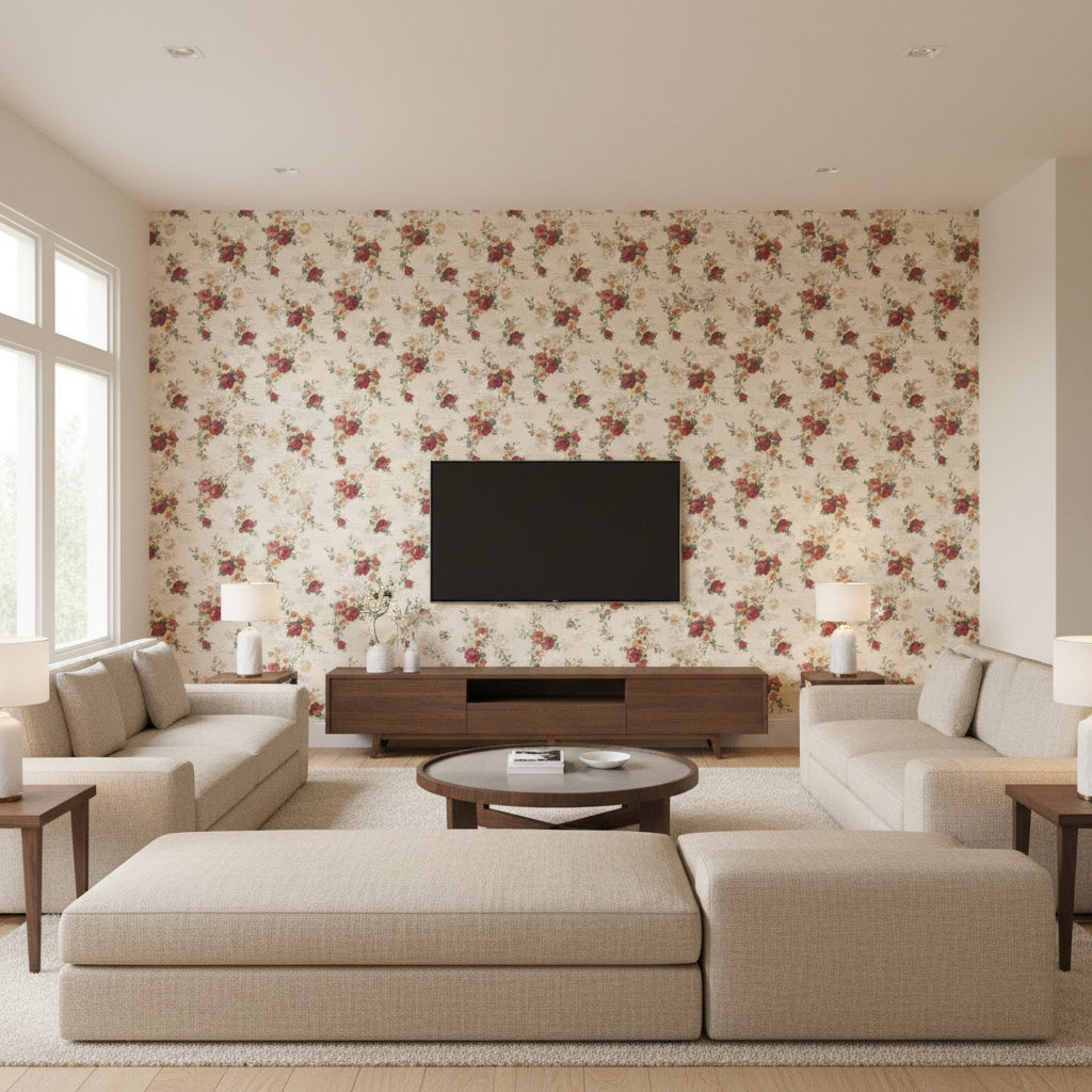 Helen Red & Beige Multi | Jeffrey Stevens - Living Room Visualization (AI-generated, may not be to scale. Verify pattern scale with product specifications.)