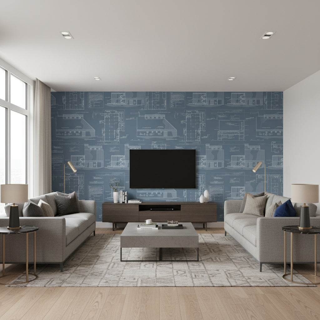 Tanara Blue & White Multi | Jeffrey Stevens - Living Room Visualization (AI-generated, may not be to scale. Verify pattern scale with product specifications.)