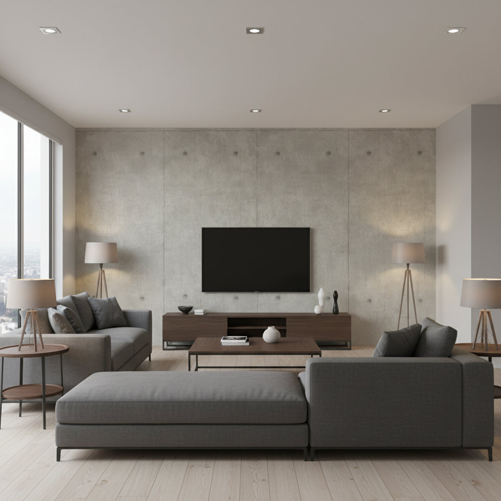 Cress Mid Gray Concrete Gray Wallcovering | Jeffrey Stevens - Living Room Visualization (AI-generated, may not be to scale. Verify pattern scale with product specifications.)