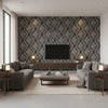 Celeste White & Black Multi | Jeffrey Stevens - Living Room Visualization (AI-generated, may not be to scale. Verify pattern scale with product specifications.)