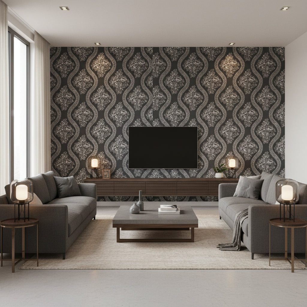 Celeste White & Black Multi | Jeffrey Stevens - Living Room Visualization (AI-generated, may not be to scale. Verify pattern scale with product specifications.)