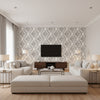 Celeste Black Off Ivory & Charcoal Wallcovering | Jeffrey Stevens - Living Room Visualization (AI-generated, may not be to scale. Verify pattern scale with product specifications.)