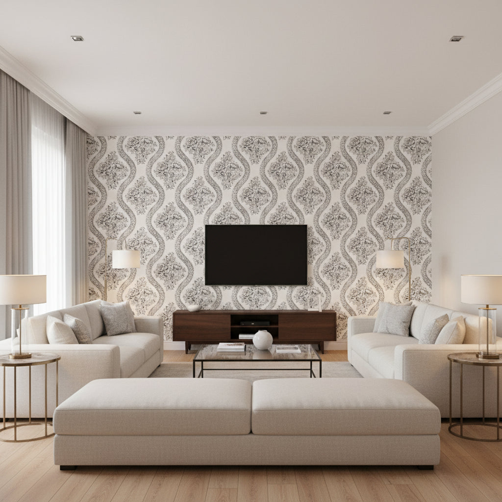 Celeste Black Off Ivory & Charcoal Wallcovering | Jeffrey Stevens - Living Room Visualization (AI-generated, may not be to scale. Verify pattern scale with product specifications.)