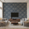 Celeste Gray & Blue Multi | Jeffrey Stevens - Living Room Visualization (AI-generated, may not be to scale. Verify pattern scale with product specifications.)