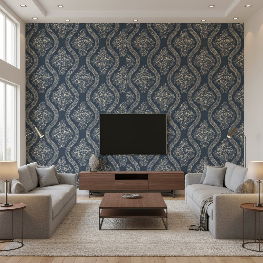 Celeste Gray & Blue Multi | Jeffrey Stevens - Living Room Visualization (AI-generated, may not be to scale. Verify pattern scale with product specifications.)