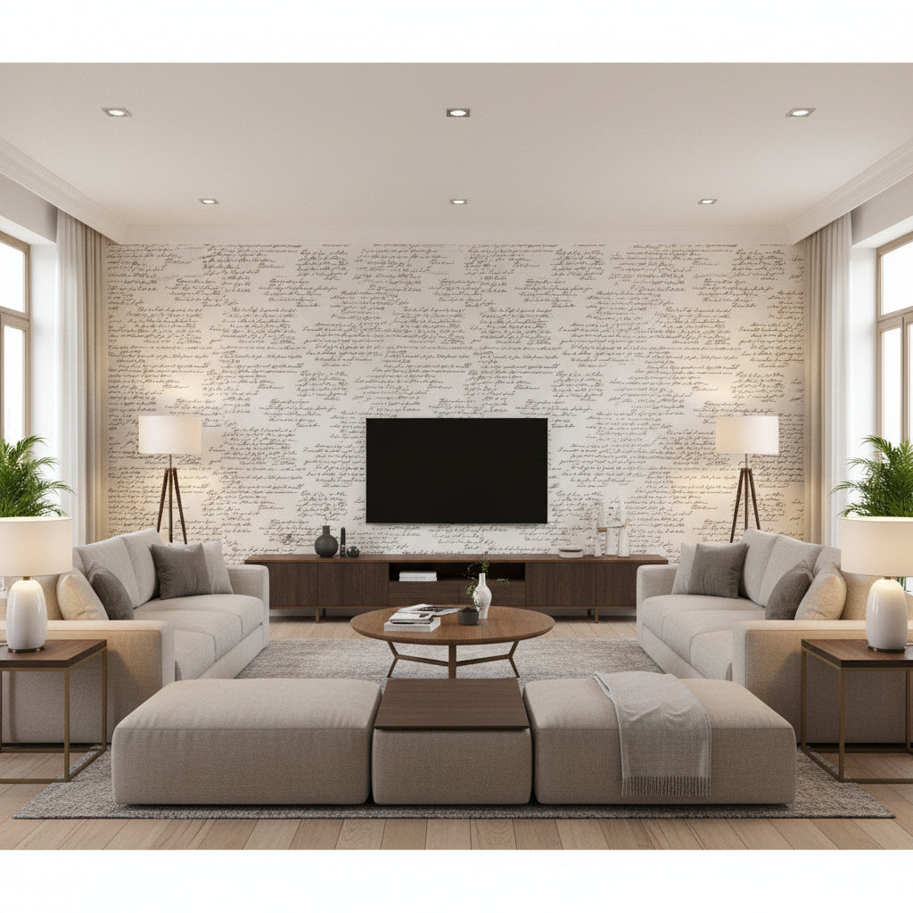Nouvel White & Black Multi | Jeffrey Stevens - Living Room Visualization (AI-generated, may not be to scale. Verify pattern scale with product specifications.)