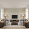 Wilkondale Cupola Sand & Ivory Wallcovering | Jeffrey Stevens - Living Room Visualization (AI-generated, may not be to scale. Verify pattern scale with product specifications.)