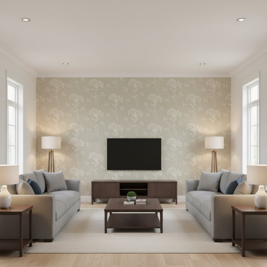 Wilkondale Cupola Sand & Ivory Wallcovering | Jeffrey Stevens - Living Room Visualization (AI-generated, may not be to scale. Verify pattern scale with product specifications.)