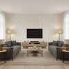 Oriel Beige & Olive Multi | Jeffrey Stevens - Living Room Visualization (AI-generated, may not be to scale. Verify pattern scale with product specifications.)