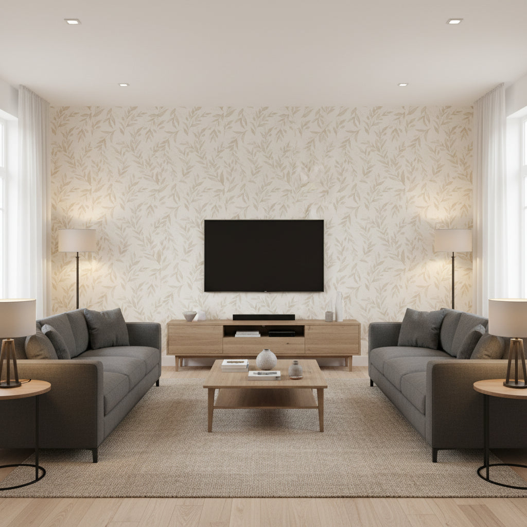 Oriel Beige & Olive Multi | Jeffrey Stevens - Living Room Visualization (AI-generated, may not be to scale. Verify pattern scale with product specifications.)